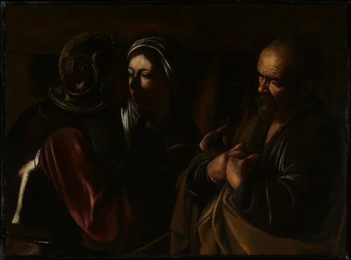The Denial of Saint Peter by Caravaggio, painting, 1610
