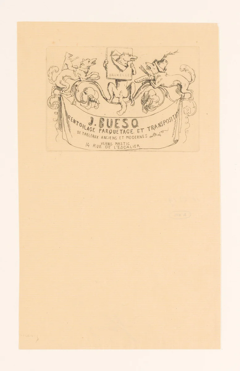 Adreskaart voor restaurateur van schilderijen J. Bueso by Léopold Flameng, print, 1841-1910
