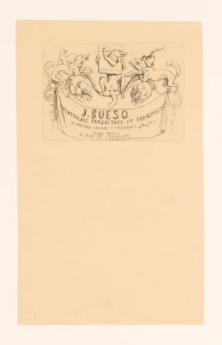 Adreskaart voor restaurateur van schilderijen J. Bueso by Léopold Flameng, print, 1841-1910