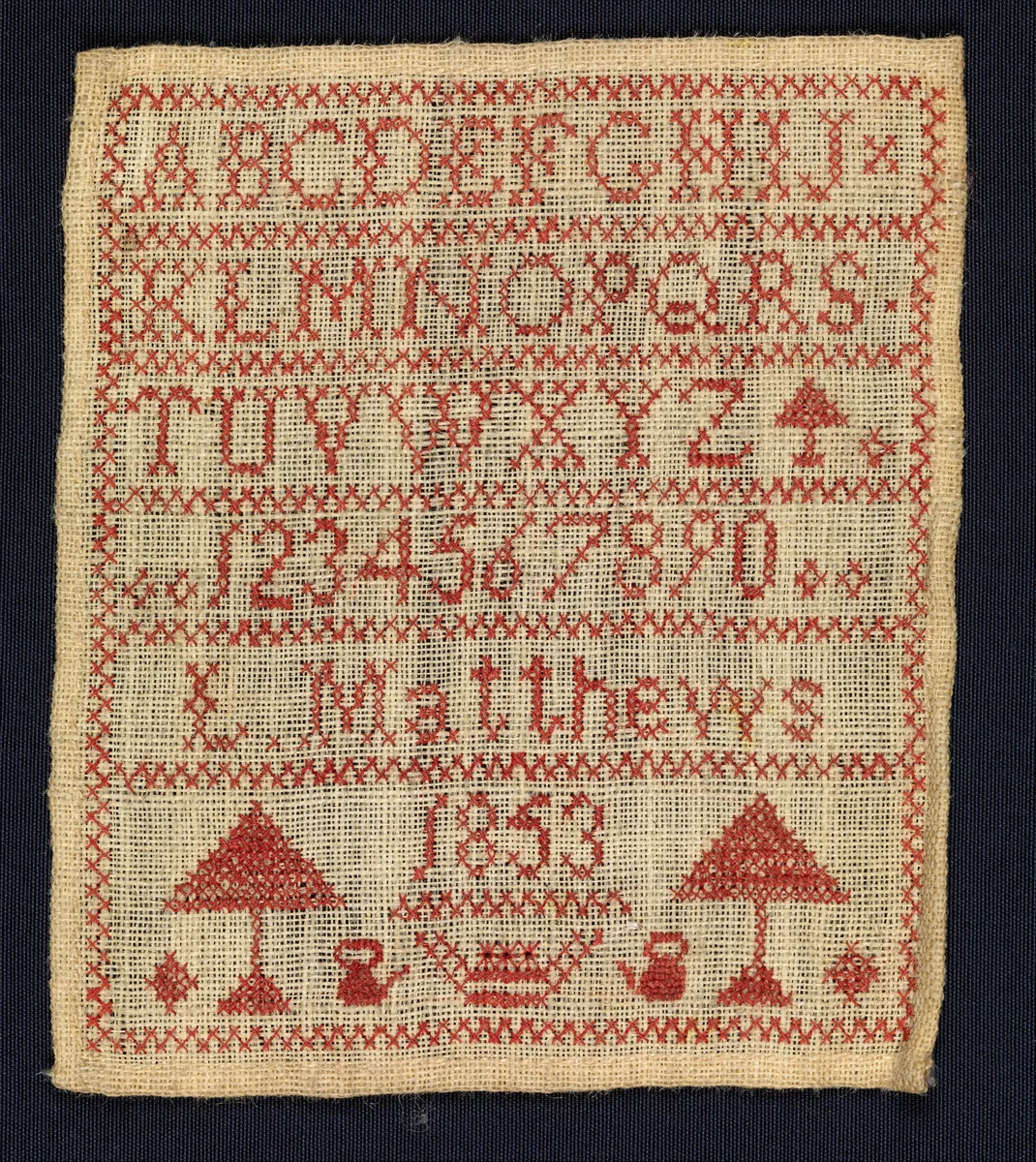 Sampler made at a charity school by L. Matthews, textile, 1853