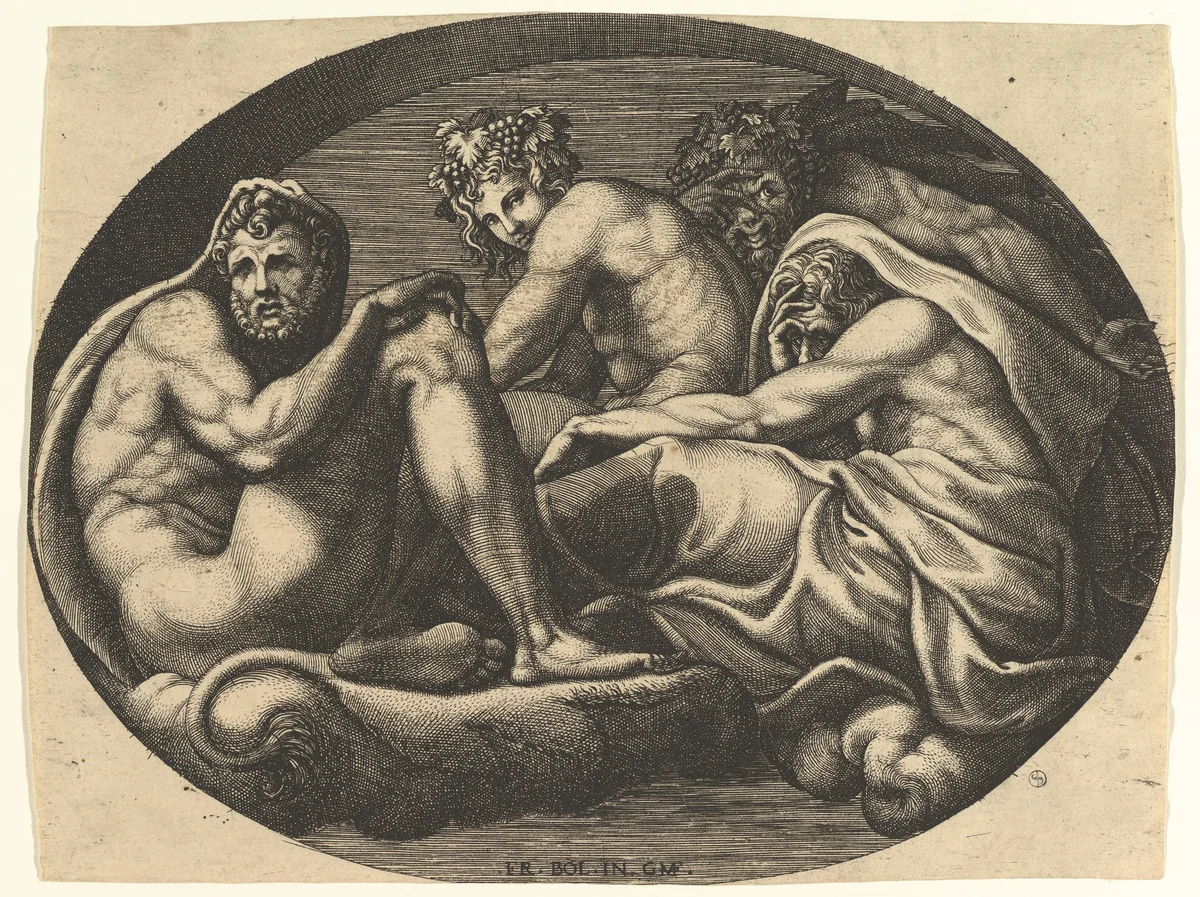 Hercules, Bacchus, Pan, and Saturn(?), from a series of eight compositions after Francesco Primaticcio's designs for the ceiling of the Ulysses Gallery (destroyed 1738–39) at Fontainebleau by Giorgio Ghisi, print, 1560-1569