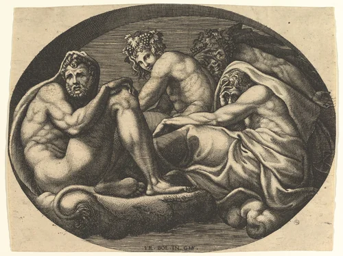 Hercules, Bacchus, Pan, and Saturn(?), from a series of eight compositions after Francesco Primaticcio's designs for the ceiling of the Ulysses Gallery (destroyed 1738–39) at Fontainebleau by Giorgio Ghisi, print, 1560-1569