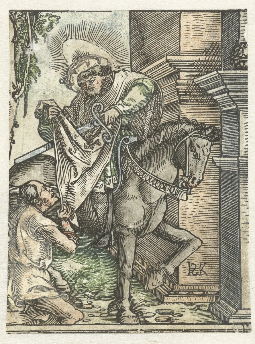 De Heilige Martinus deelt zijn mantel met een bedelaar by Unknown, print, 1500-1516