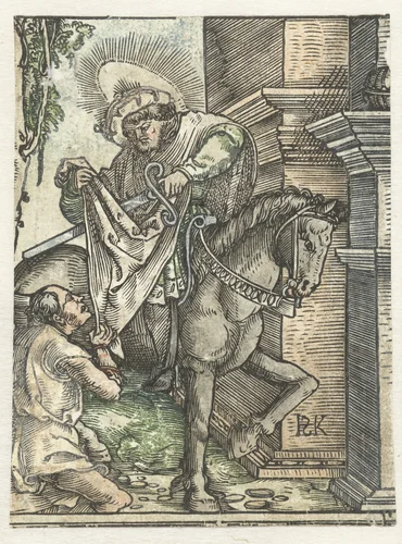 De Heilige Martinus deelt zijn mantel met een bedelaar by Unknown, print, 1500-1516