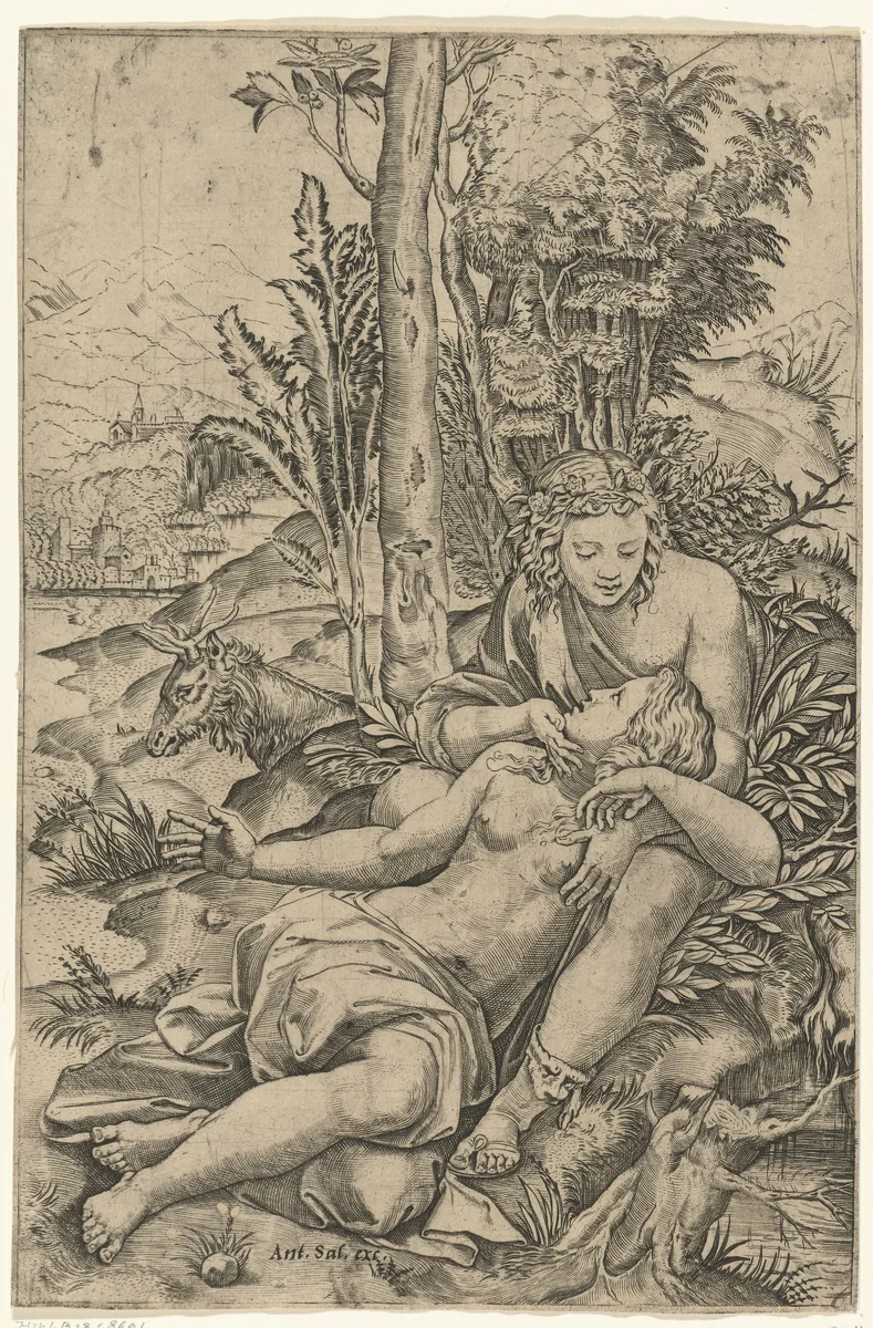 Angelica en Medoro als geliefden by Marcantonio Raimondi, print, 1510-1527