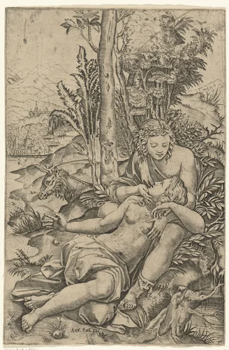 Angelica en Medoro als geliefden by Marcantonio Raimondi, print, 1510-1527