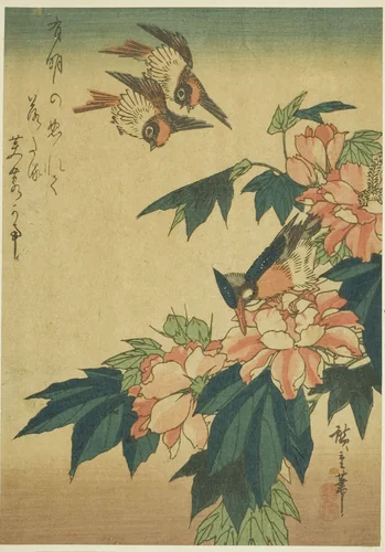 Swallows, kingfisher, and hibiscus by Utagawa Hiroshige (歌川広重), print, 1830-1839