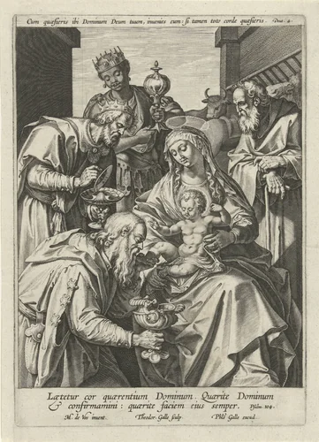 Aanbidding der Koningen by Unknown, print, 1581-1612