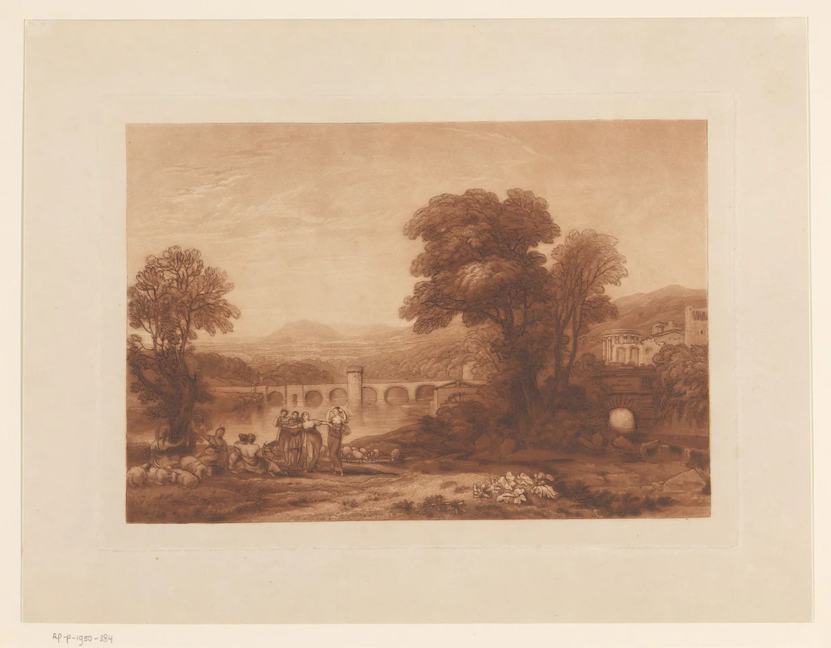 Landschap met Apuleia bij groep herderinnen by Joseph Turner, print, 1813-1823