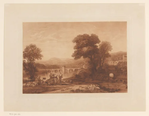 Landschap met Apuleia bij groep herderinnen by Joseph Turner, print, 1813-1823