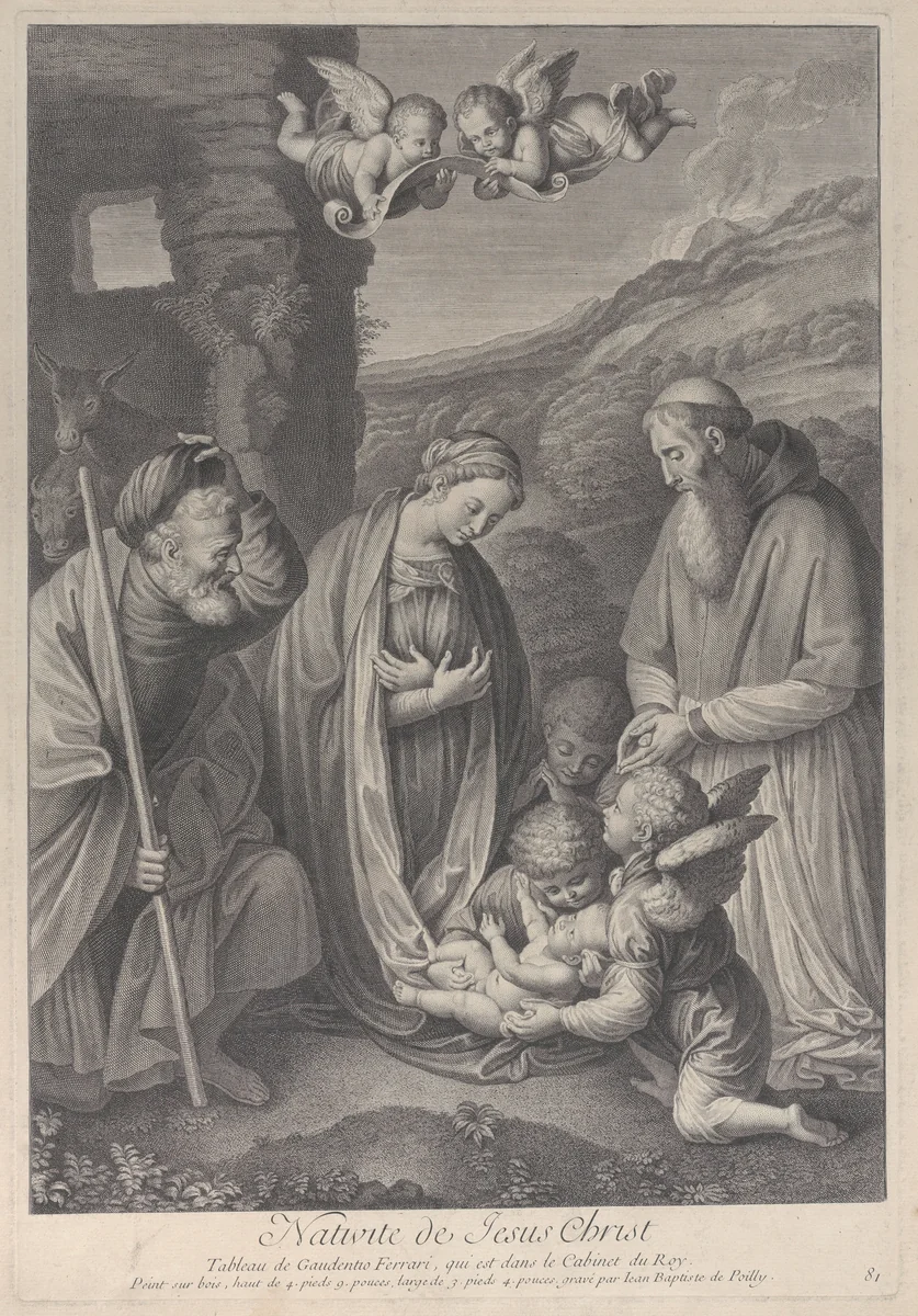 The Nativity, with Saint Joseph, the Virgin, and a male saint adoring Christ Child, who lies at center, supported by angels by Jean Baptiste de Poilly, print, 1729-1740