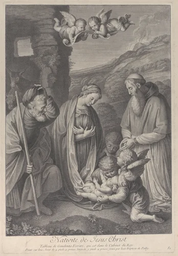 The Nativity, with Saint Joseph, the Virgin, and a male saint adoring Christ Child, who lies at center, supported by angels by Jean Baptiste de Poilly, print, 1729-1740