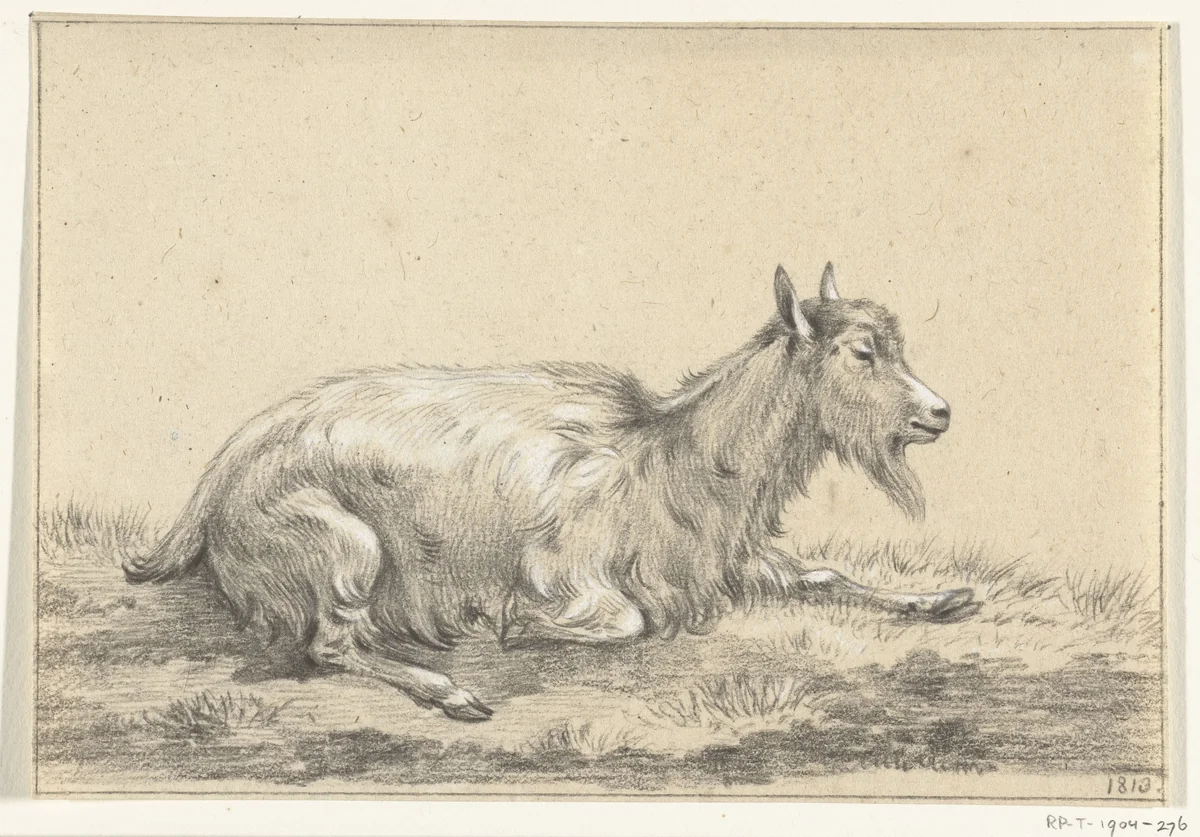 Liggende geit, naar rechts by Jean Bernard, drawing, 1813