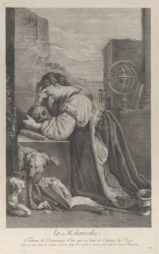 Allegory on Melancholy, with a woman kneeling towards the left holding a skull by Henri-Simon Thomassin, print, 1729-1740