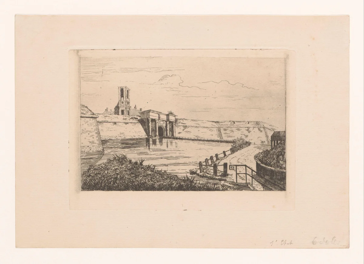 Gezicht op de ommuurde stad Mons met de Porte du Rivage by Léon Dolez, print, 1875-1878