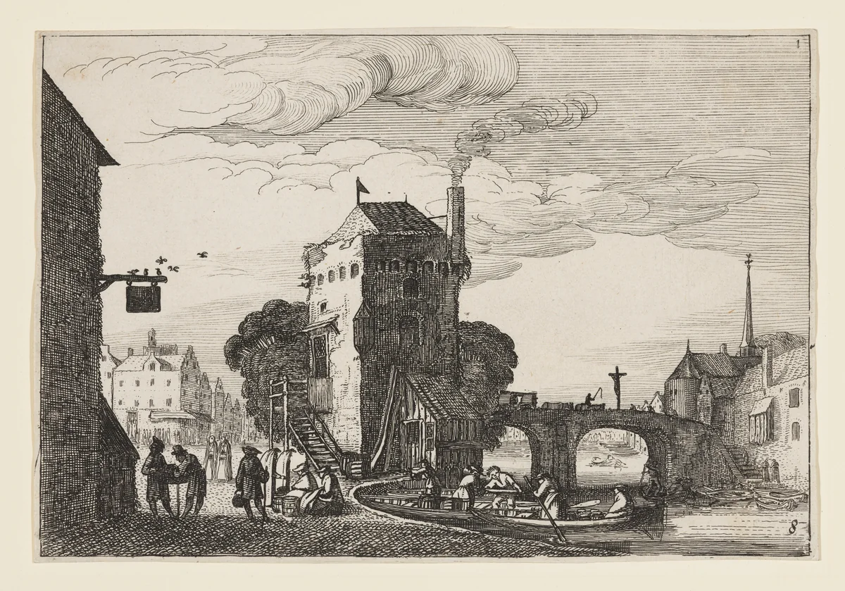 View of a Town with a Canal by Jan van de Velde, print, 1600-1621