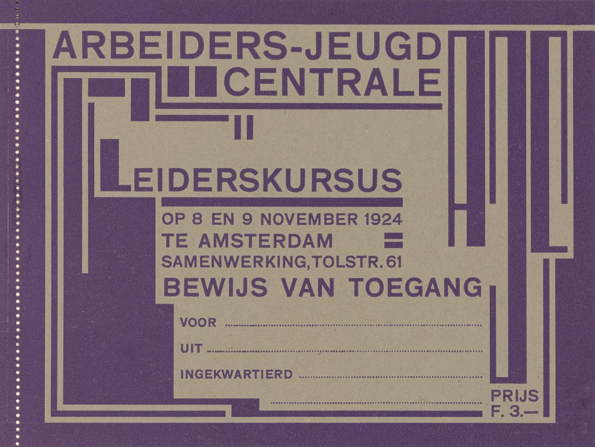 Ticket for leadership course organized by the AJC (Arbeiders Jeugd Centrale) by Fré Cohen, design, 1925