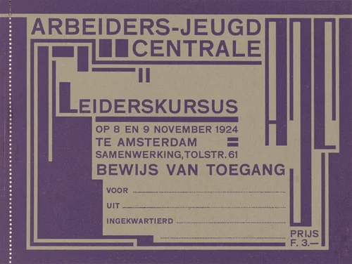 Ticket for leadership course organized by the AJC (Arbeiders Jeugd Centrale) by Fré Cohen, design, 1925