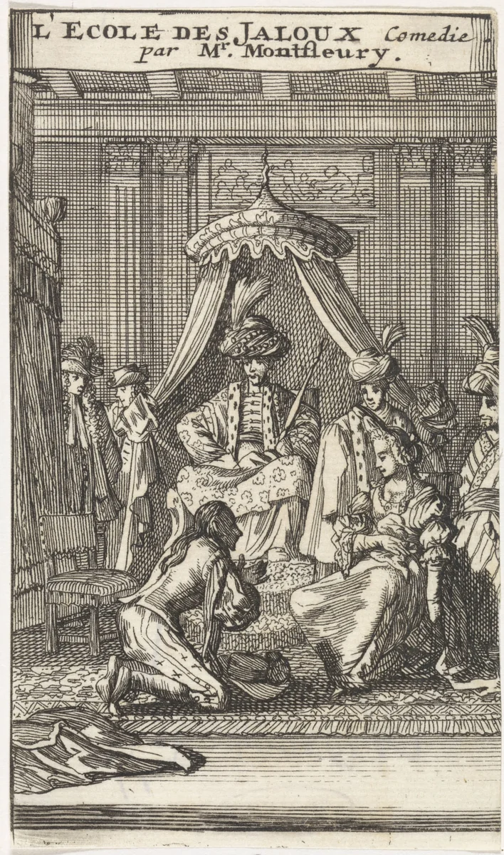 Santillane knielt in een slaapvertrek in het bijzijn van Guzman, Fabrice, Don Lope en Don Carlos voor zijn vrouw Leonor by Caspar Luyken, print, 1698