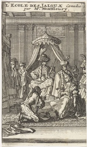 Santillane knielt in een slaapvertrek in het bijzijn van Guzman, Fabrice, Don Lope en Don Carlos voor zijn vrouw Leonor by Caspar Luyken, print, 1698