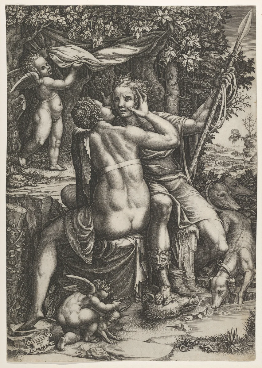 Venus and Adonis by Giorgio Ghisi, print, 1565-1575