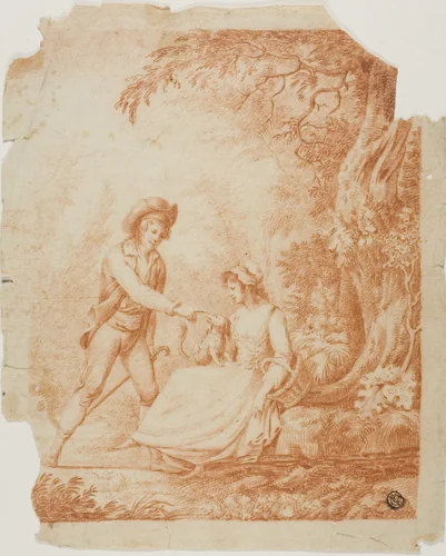Shepherd, Shepherdess and Little Dog in Wooded Setting by N. Delage, drawing, 1700-1799