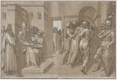 Christ is being led away, soldiers stand at the right (right side of sheet) by Andrea Andreani, print, 1585