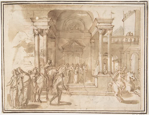 Figures before a Palace or Temple by Francesco Allegrini, drawing, 1624-1663