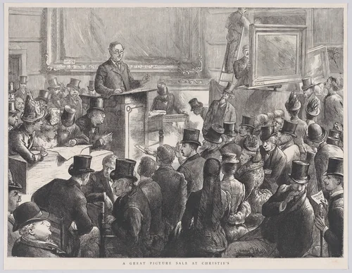 A Great Picture Sale at Christie's, from "The Graphic" by Sydney Prior Hall, print, 1887