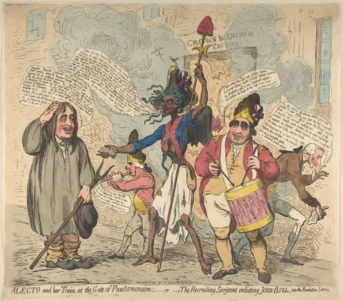 Alecto and Her Train, at the Gate of Pandaemonium:–or–The Recruiting Sarjeant Enlisting John Bull, Into the Revolution Service by James Gillray, print, 1791