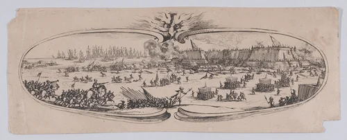 Border at Lower Left: L'Assault Genéral des Anglais a la Citadelle (The Assault of the English General on the Citadel), from an etching on six plates of a central battle scene framed by ten additional plates, entitled Siège de la Citadelle de St-Martin dans l'Île de Ré (Siege of the Citadel of St. Martin on the Île de Ré) by Jacques Callot, print, 1628-1631
