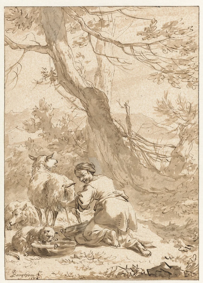 Vrouw die een schaap melkt by Nicolaes Pietersz Berchem, drawing, 1655