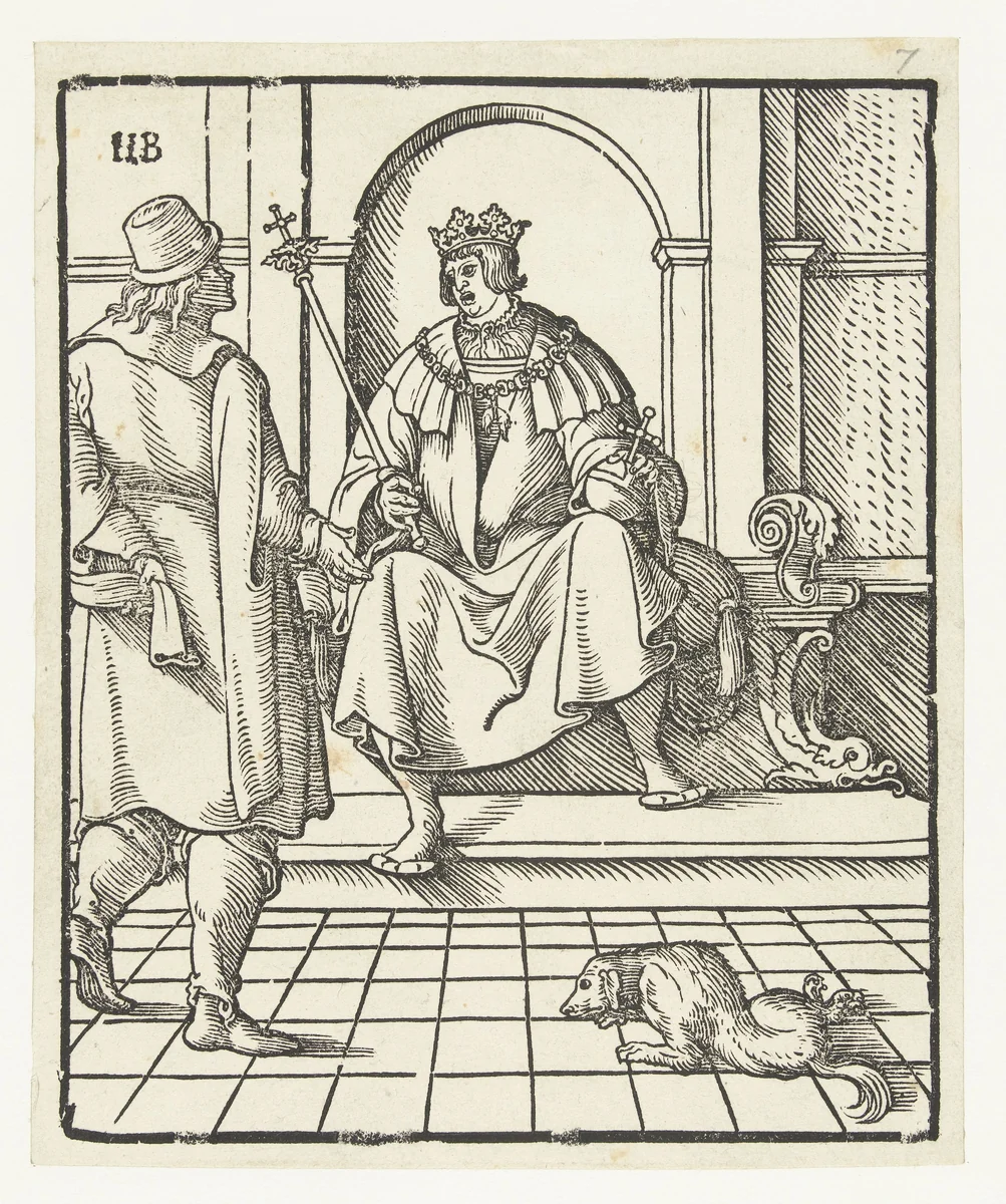 Koning zittend op troon in gesprek met staande man by Peter Flötner, print, 1522-1534