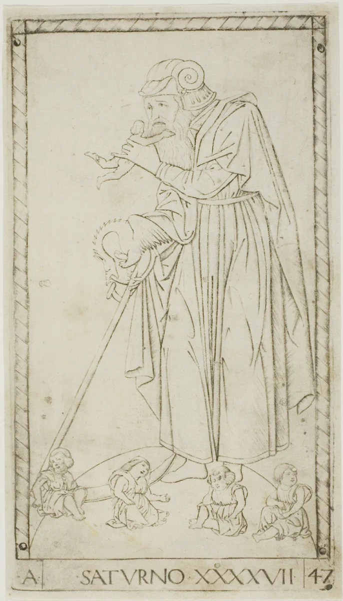 Saturn, plate 47 from Planets and Spheres by Master of the E-Series Tarocchi, print, 1460-1470