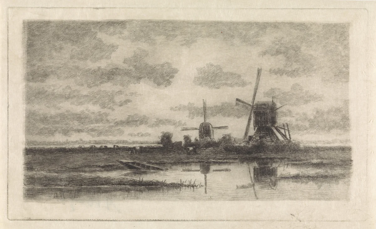 Landschap met twee molens bij een waterplas by Elias Stark, print, 1859-1891
