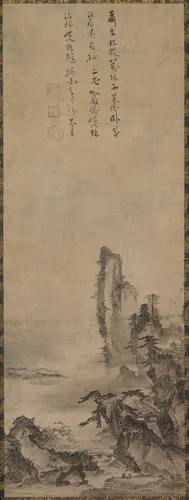 Lonely Temple and Towering Cliff by Kenkō Shōkei (賢江祥啓), painting, 1475-1485