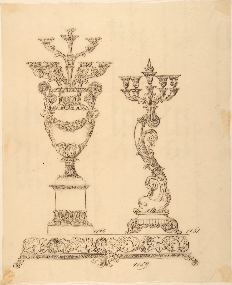 Designs for Two Candelabras and a Pedestal by anonymous, drawing, 1800-1899