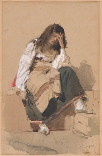 A Seated Peasant Girl in Contemplation by Eleuterio Pagliano, drawing, 1871