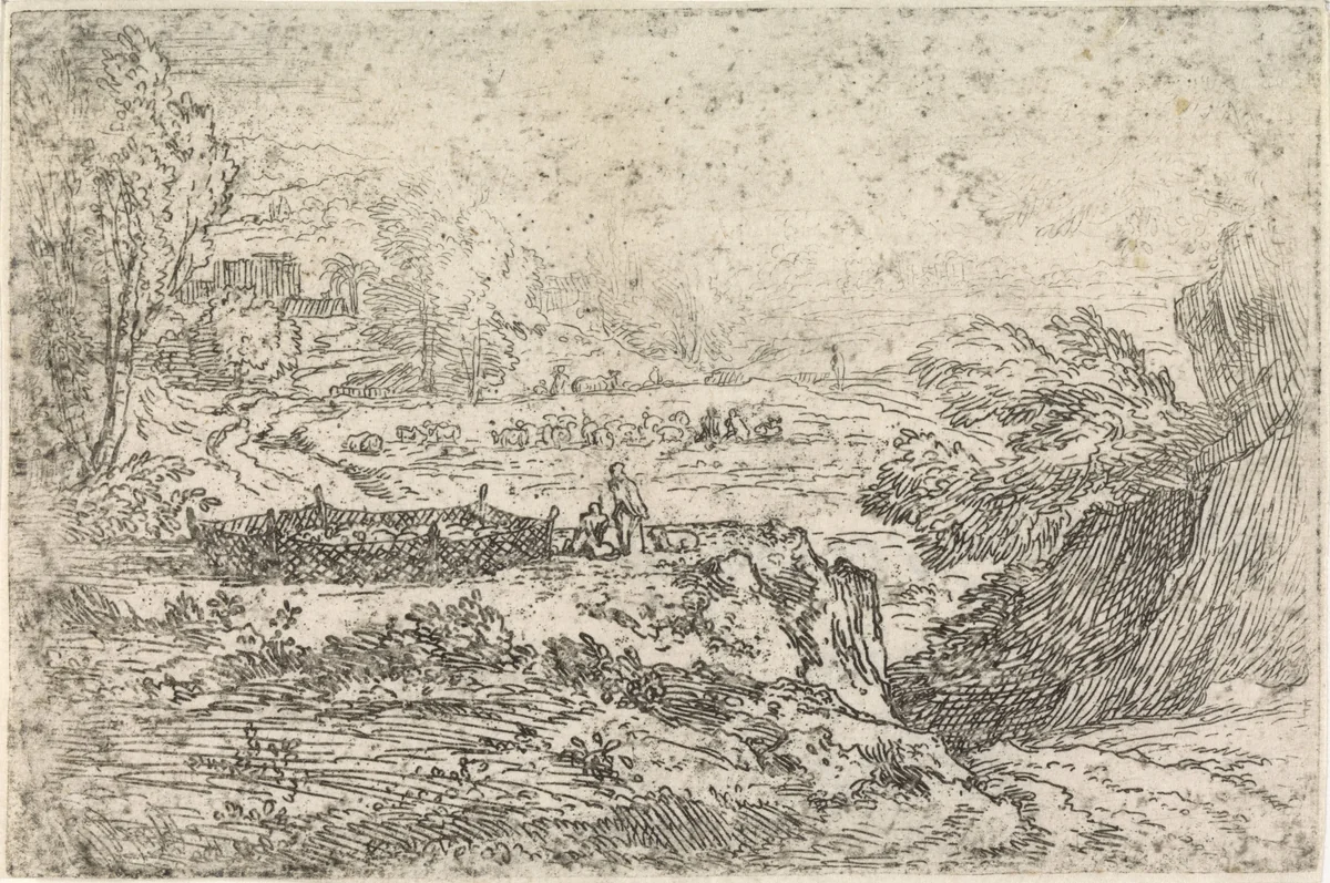 Landschap met schapen by Abraham Genoels, print, 1650-1723