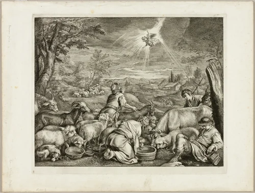 The Calling of Abraham (or The Annunciation to the Shepherds), from Cainet Reynst by Cornelis Visscher, print, 1638-1658