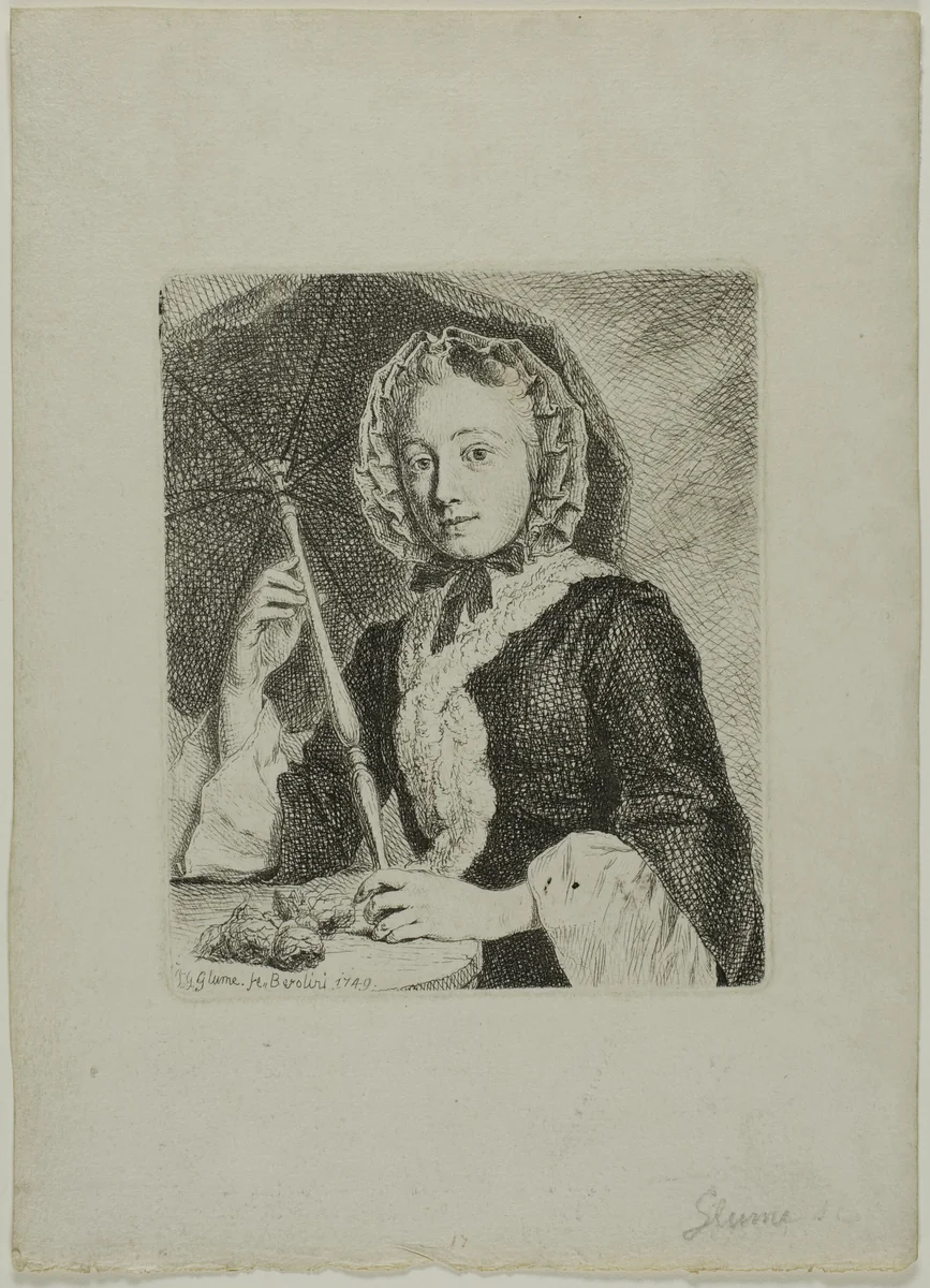 Woman with a Parasol (Mrs. Friedrich Christian Glume, Sister-in-Law of the Artist) by Johann Gottlieb Glume, print, 1749
