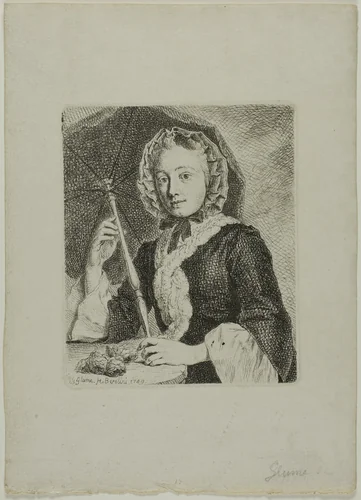 Woman with a Parasol (Mrs. Friedrich Christian Glume, Sister-in-Law of the Artist) by Johann Gottlieb Glume, print, 1749