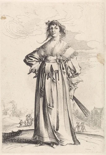 Vrouw met een waaier by Pieter Nolpe, print, 1623-1653