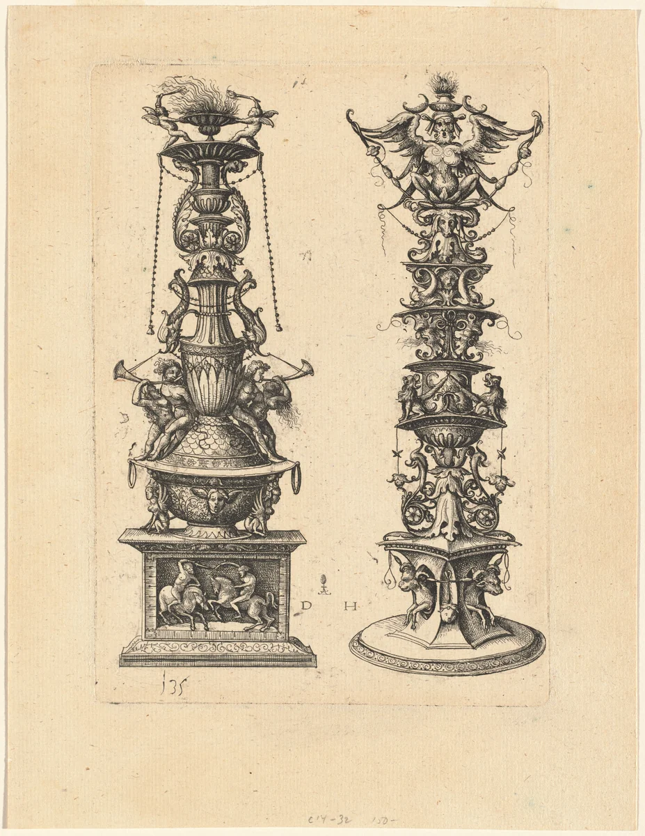 Two Candelabrum Designs by Daniel Hopfer; David Funck, print, 1525-1535