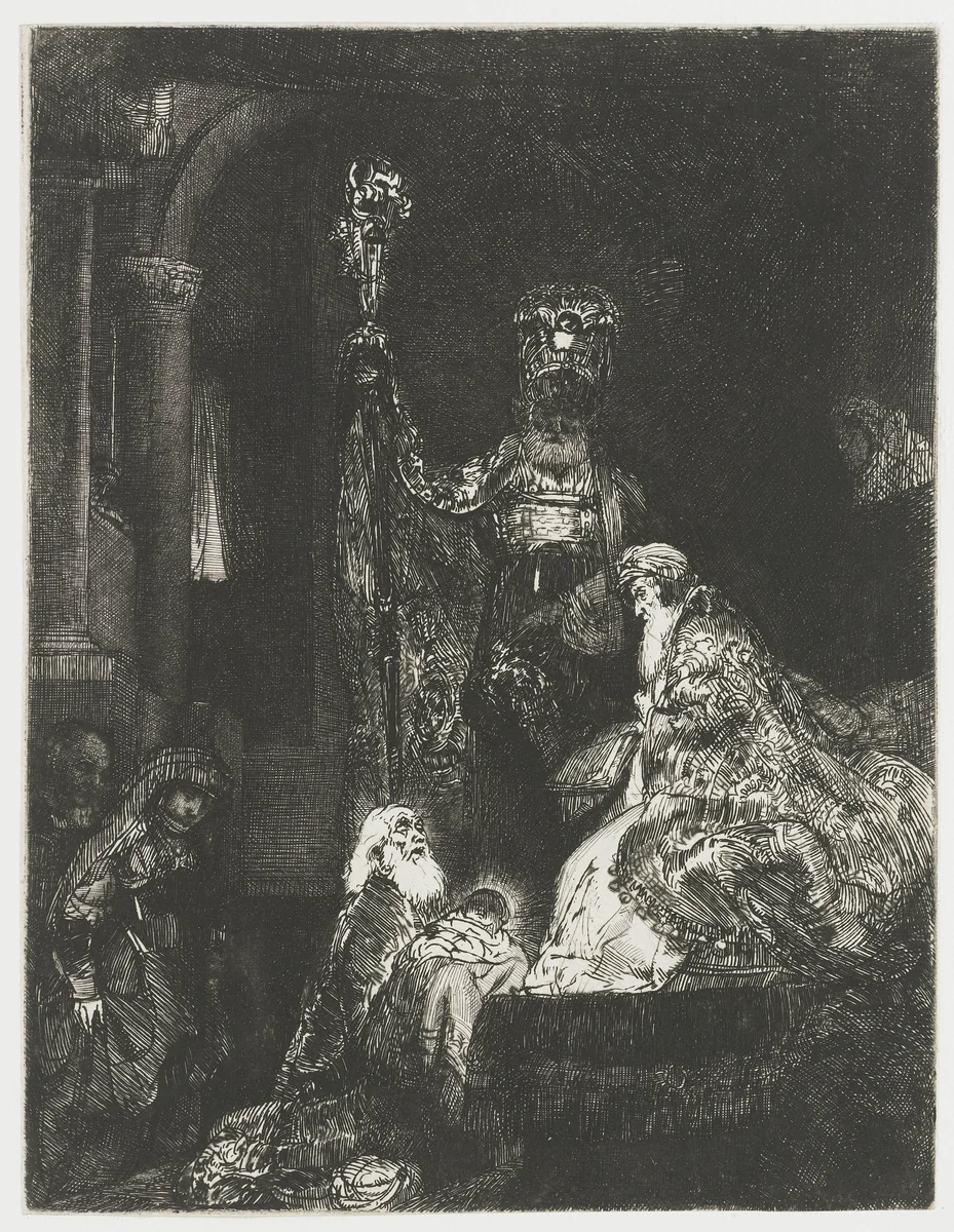 The presentation in the temple in the dark manner by Rembrandt van Rijn, print, 1654