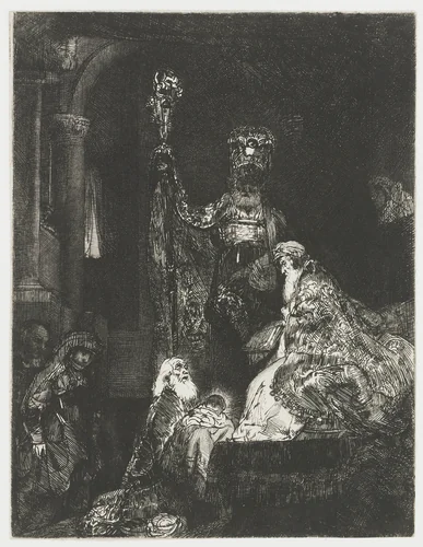 The presentation in the temple in the dark manner by Rembrandt van Rijn, print, 1654