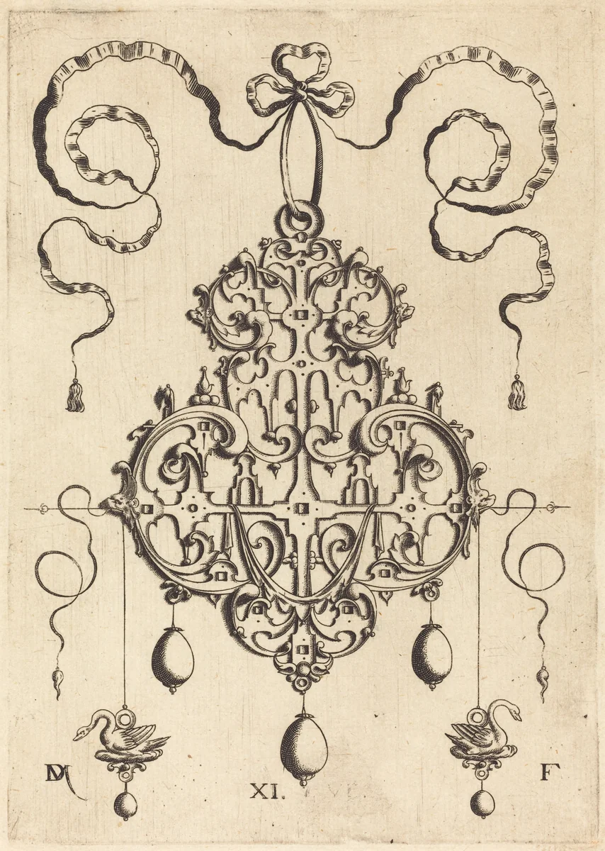Strapwork Pendant with Two Swans as Earrings at Left and Right by Daniel Mignot, print, 1516-1653