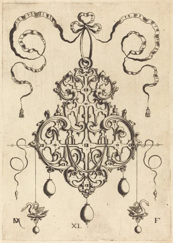 Strapwork Pendant with Two Swans as Earrings at Left and Right by Daniel Mignot, print, 1516-1653