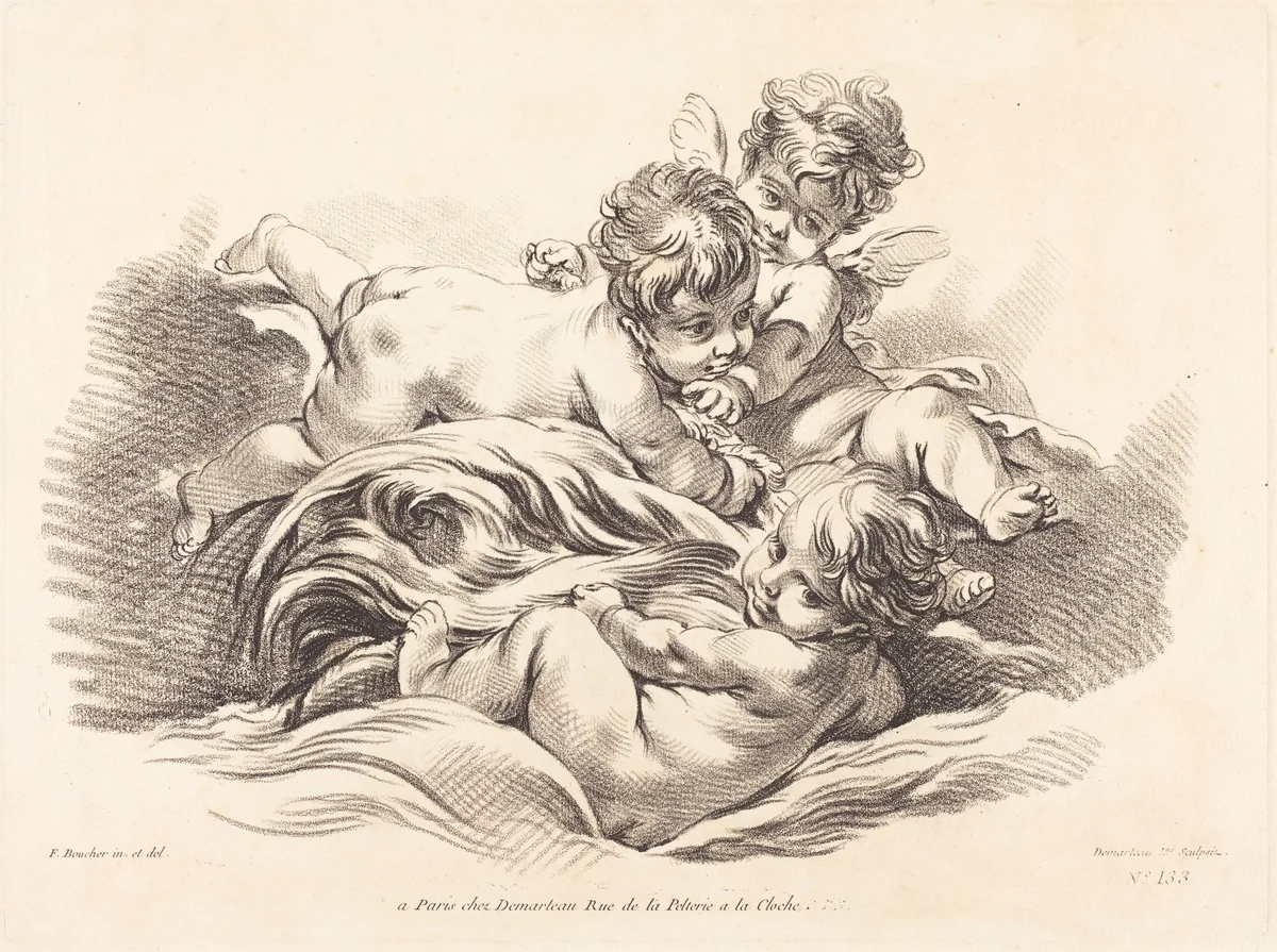 Three Cherubs Playing on Dolphin Like Wave by Gilles Demarteau the Elder, print, 1722-1776