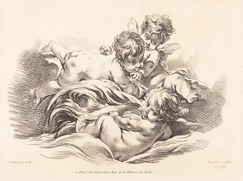 Three Cherubs Playing on Dolphin Like Wave by Gilles Demarteau the Elder, print, 1722-1776